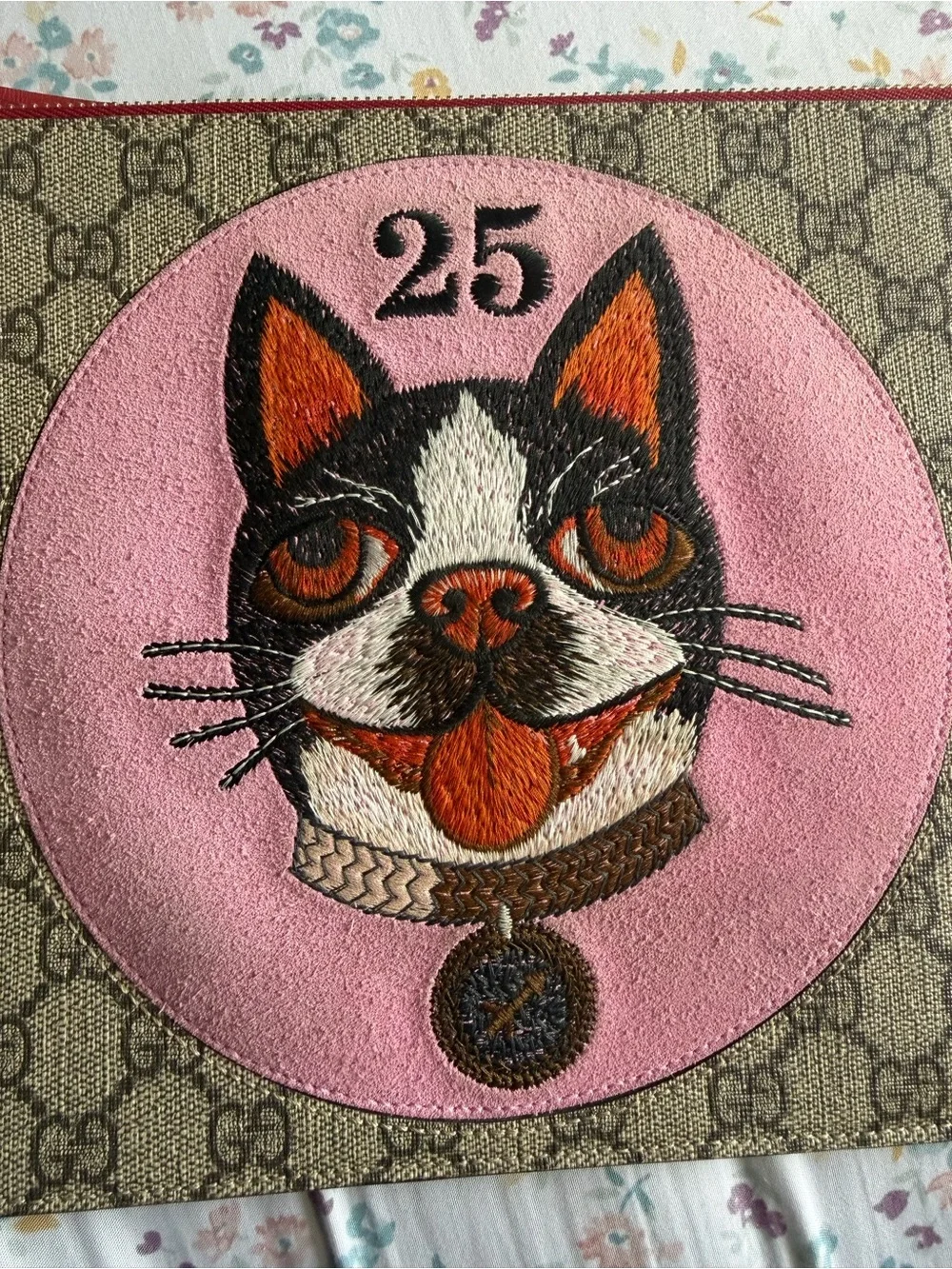 Gucci Brown GG Monogram Pouch with Pink Cat Patch and Red Trim